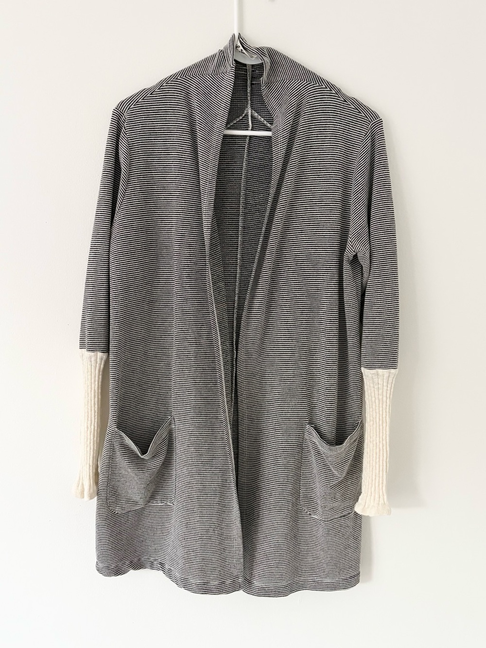 Michael Stars Black White Striped Open Front Drape Pocket Cardigan Size Medium